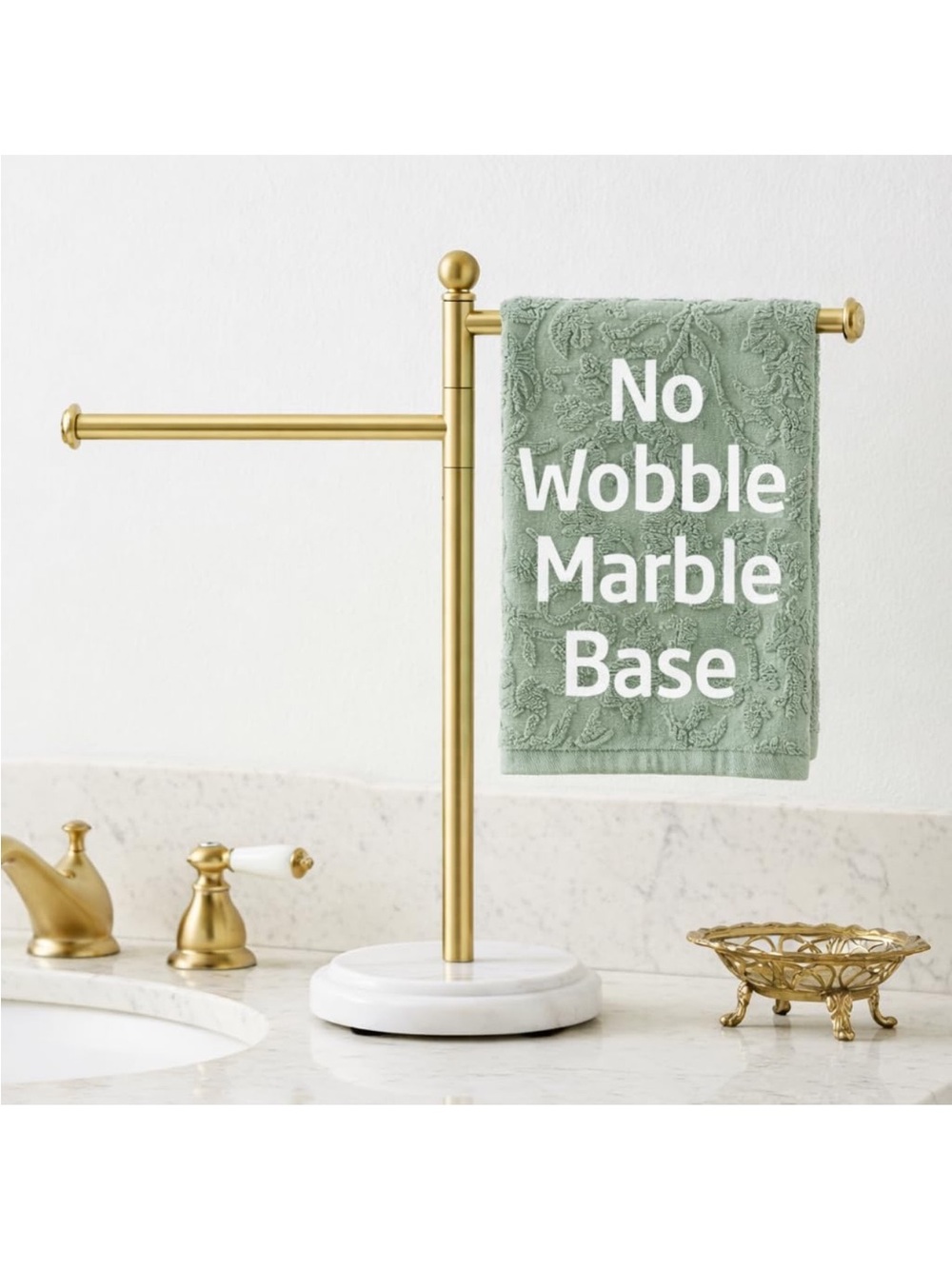 Brushed Gold Anti Wobble Hand Towel Holder Stand with 2X Weighted Marble Base